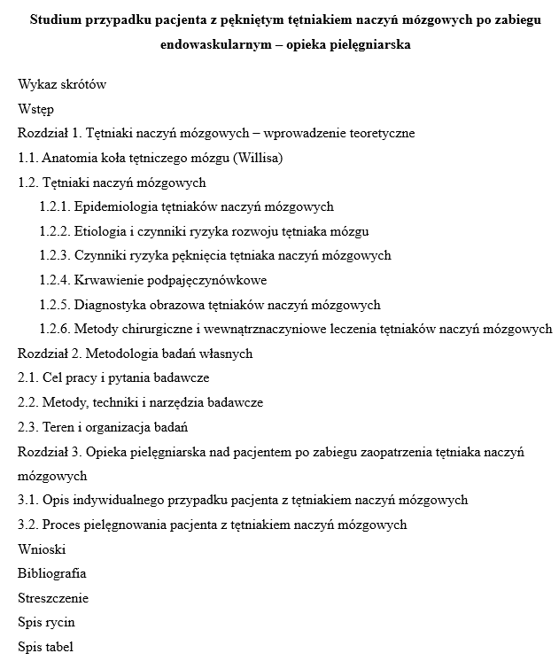 Praca licencjacka pielęgniarstwo spis tresci
