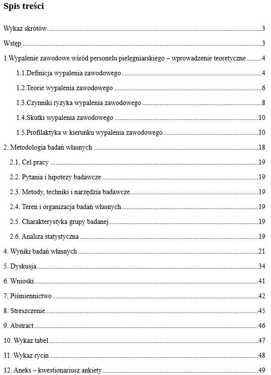 spis treści przykład pielęgniarstwo praca mgr