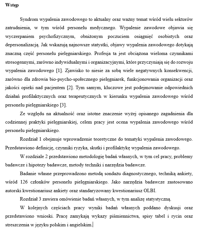 przykłądowy wstęp do pracy magisterskiej z pielęgniarstwa