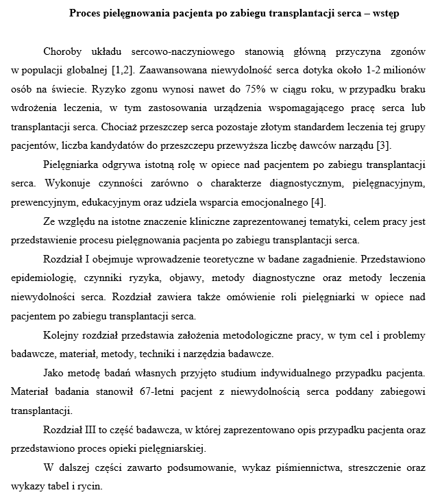 wstęp przykłąd pielęgniarstwo